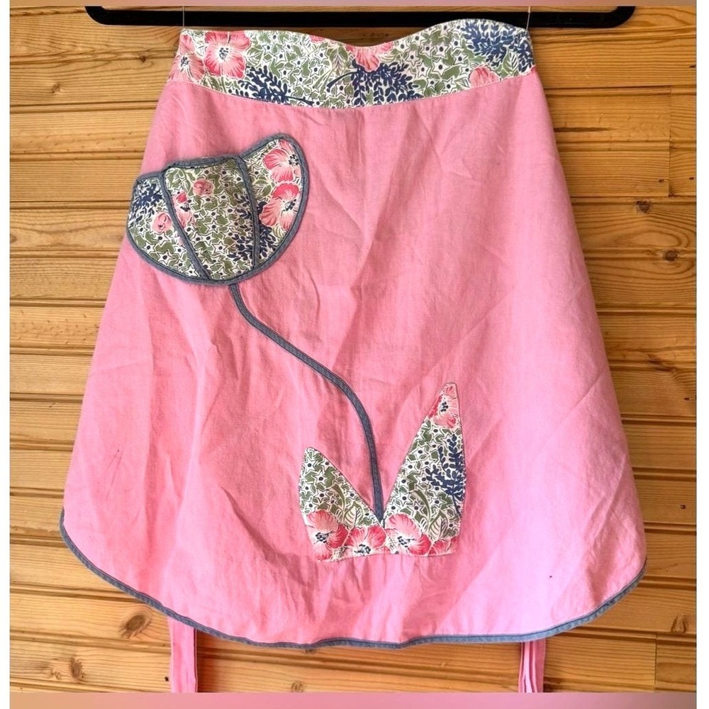 Apron Handmade Applique Cotton Heart Tulip Reversible Floral Adjustable Pockets